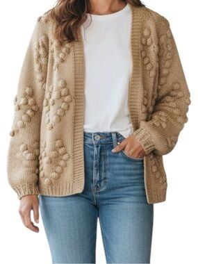 Favlux Sweater Camel Chunky Knit Design Open Front Round Neck Size L